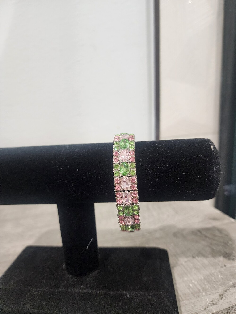 Multi-Row Pink and Green Crystal Stretch Bracelet